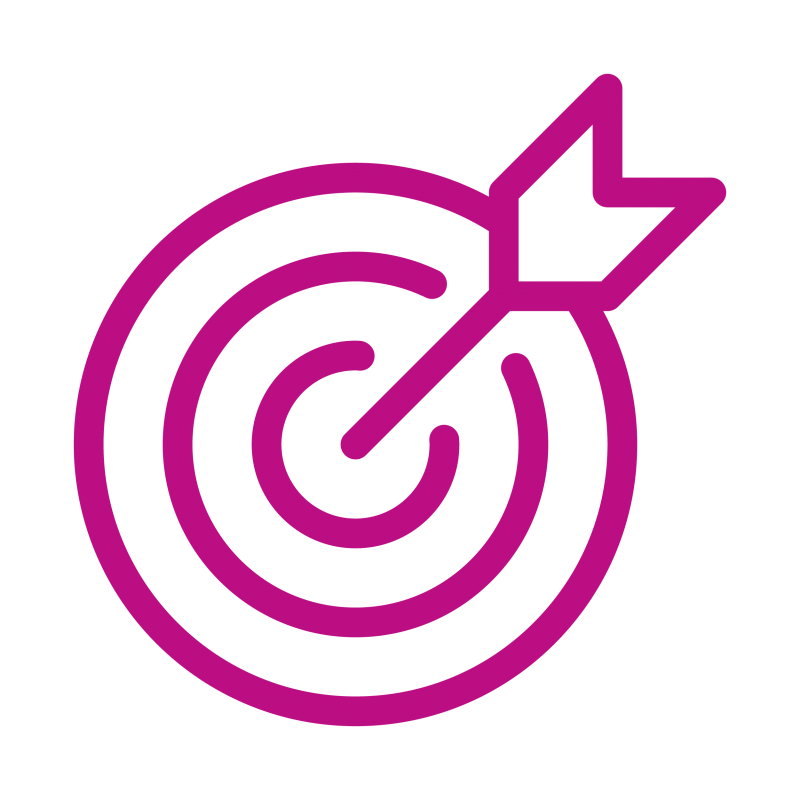 Icon of dartboard with arrow in bull's eye-fuchsia color